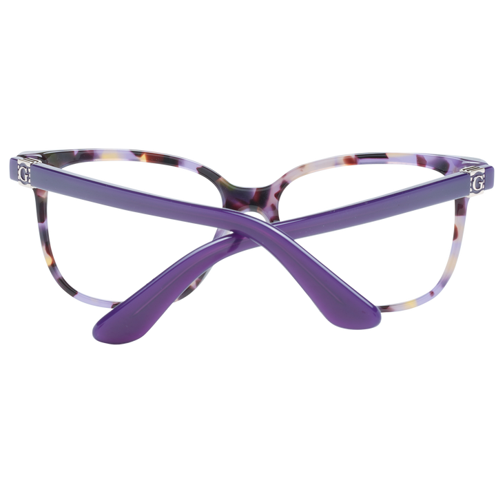 Purple multicolor tortoiseshell square eyeglasses in plastic with metallic G logo on temples, frontal view