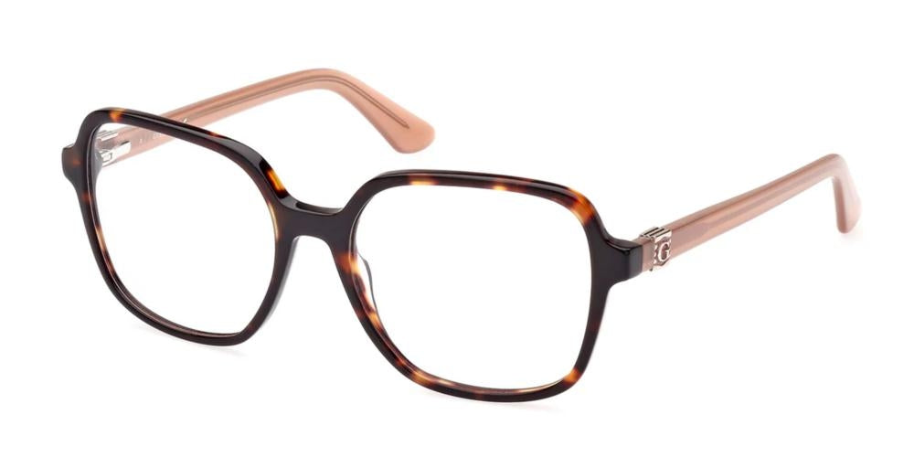 Tortoiseshell oversized square eyeglasses for Women with brown amber pattern and light pink arms, metallic G hinge