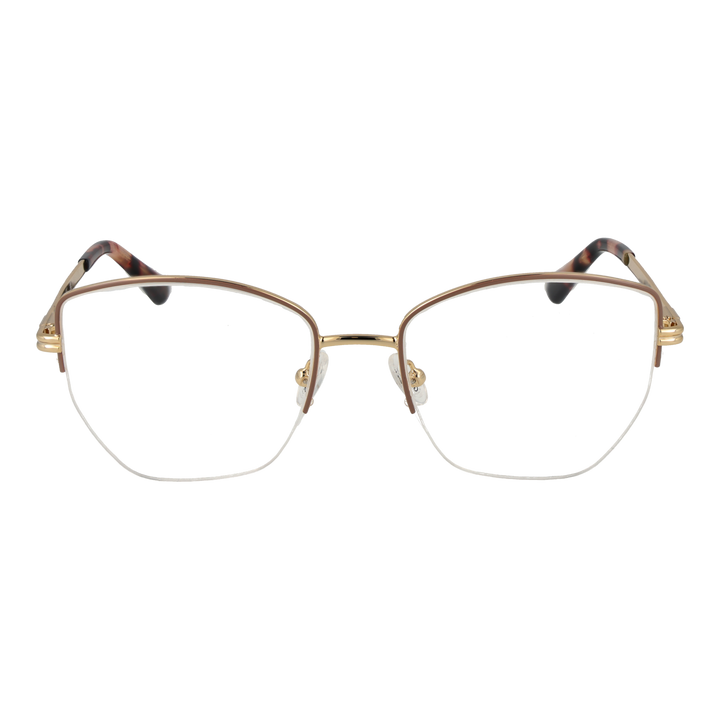 Gold thin metal square eyeglasses with tortoiseshell temple tips on white background, front view