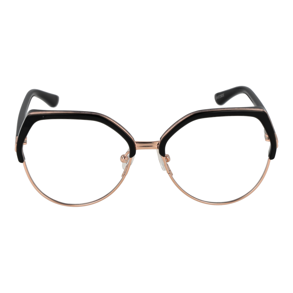 Black and rose gold geometric round eyeglasses; thin metal bridge and thick upper rim on neutral background