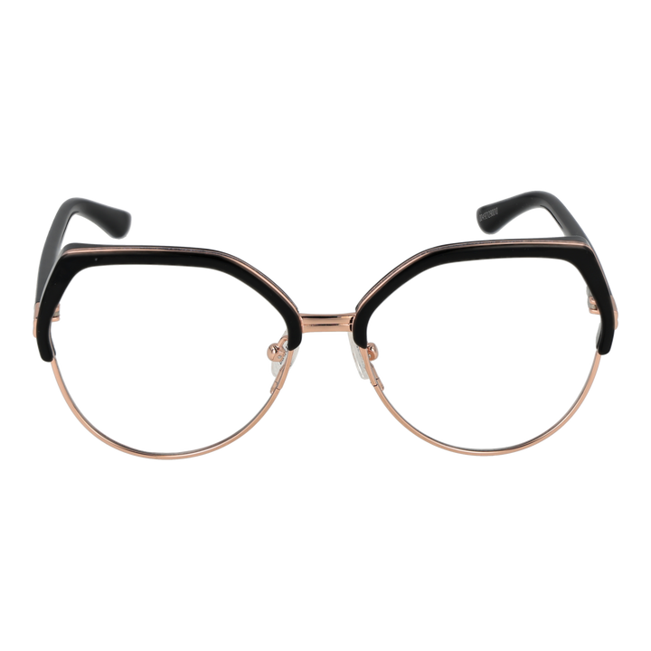 Black and rose gold geometric round eyeglasses; thin metal bridge and thick upper rim on neutral background