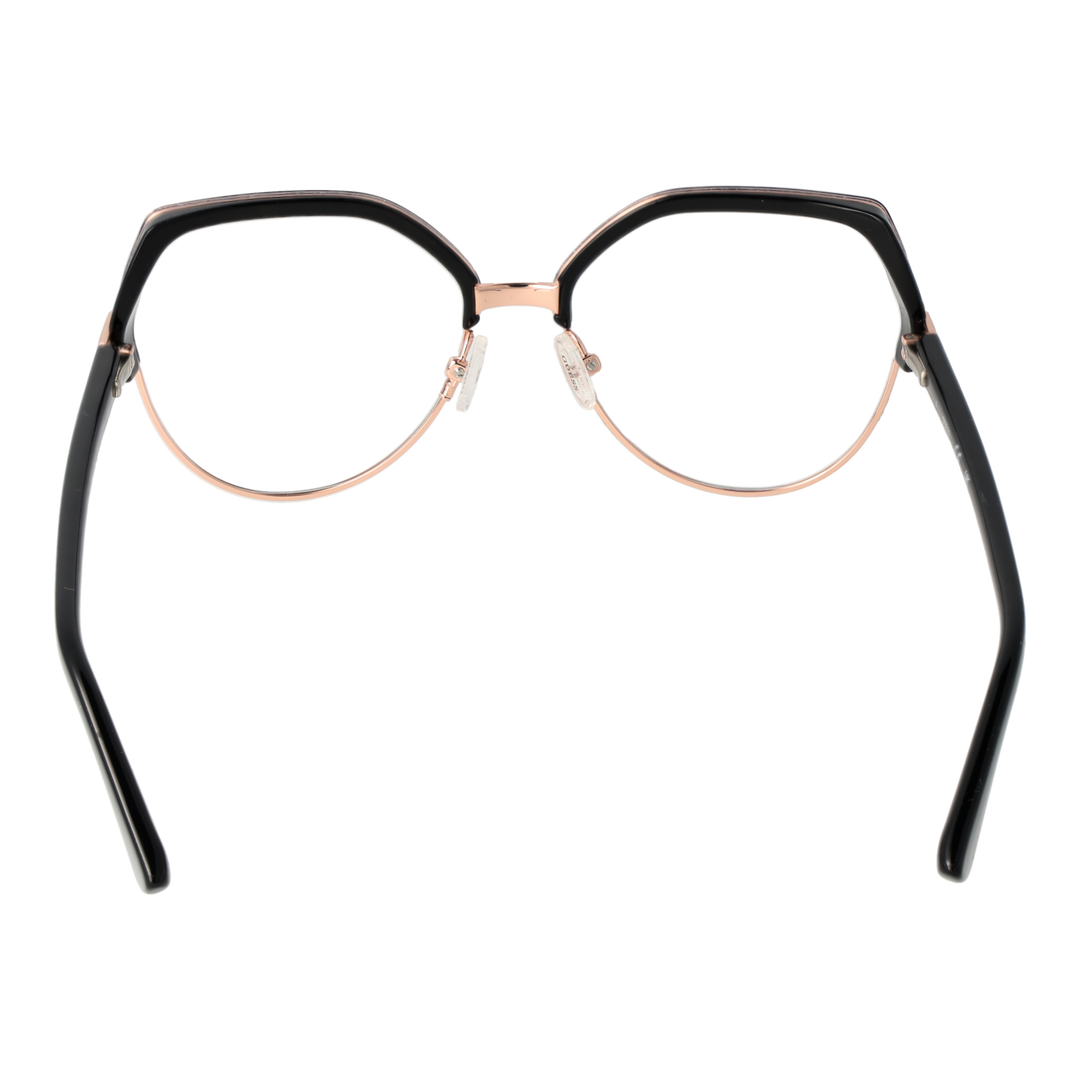 Black and rose gold geometric round eyeglasses; thin metal bridge and thick upper rim on neutral background