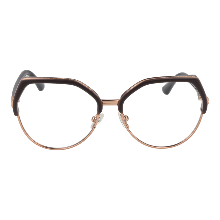 Black and rose gold geometric eyeglasses with thin metal frame and thick upper rim, round lenses, adjustable nose pads
