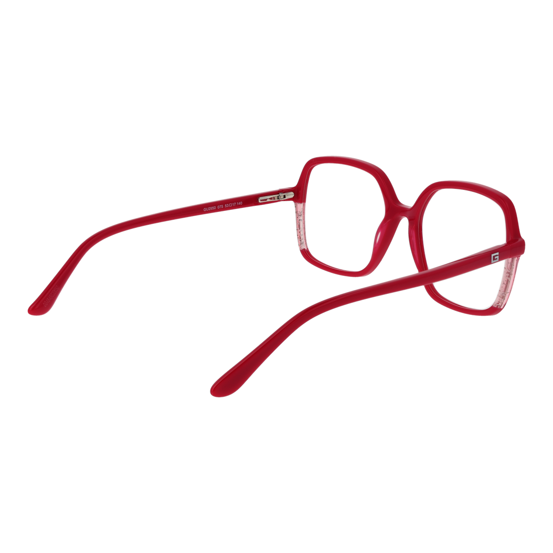 Red plastic square eyeglasses with transparent frame accents and G logo on the temple, front three-quarter view