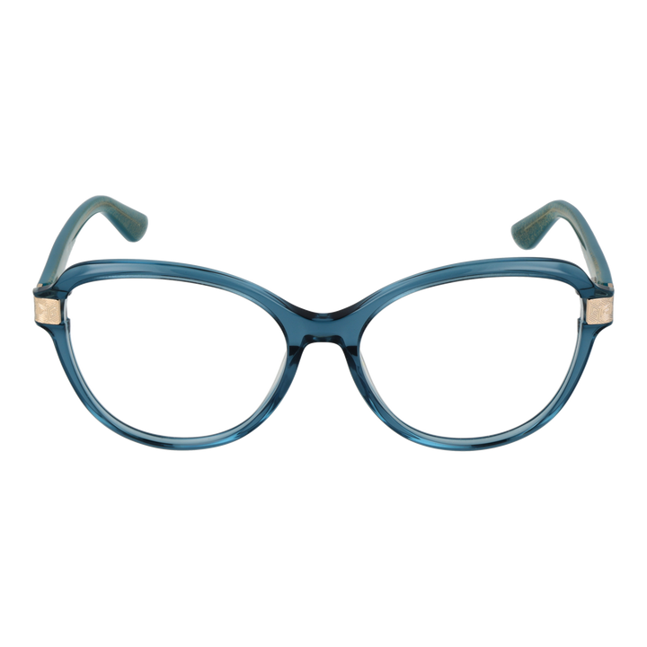 Blue round plastic eyeglasses for Women with gold hinge detail and patterned inner arms