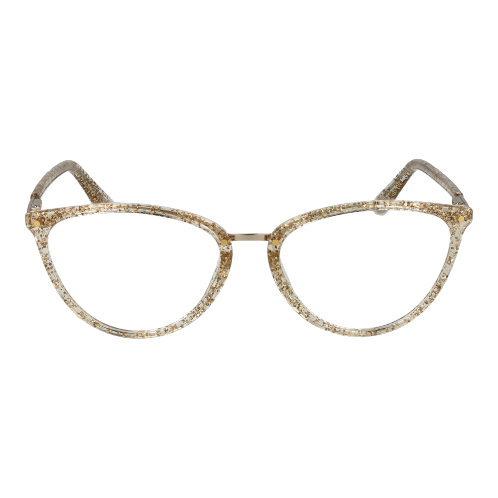 Gold metal and clear acetate cat-eye eyeglasses with embedded glitter, gold temples, front view on neutral background