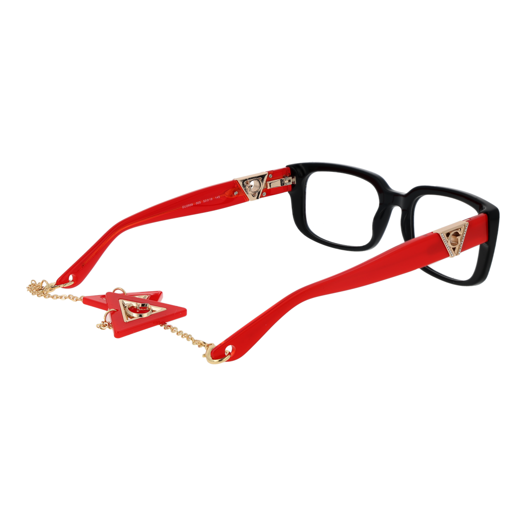 Black and red rectangular eyeglasses with gold emblem on temples and attached metal chain, front three-quarter view