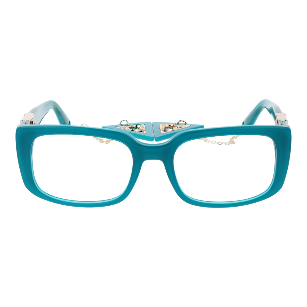 Teal square eyeglasses for Women with gold triangular logo accents and delicate gold chain detail
