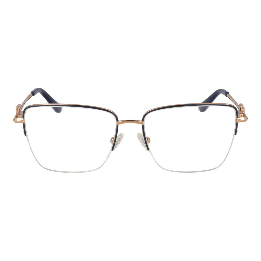 Unisex gold thin metal rectangular eyeglasses with clear lenses and decorative hinge, shown front angle on white background
