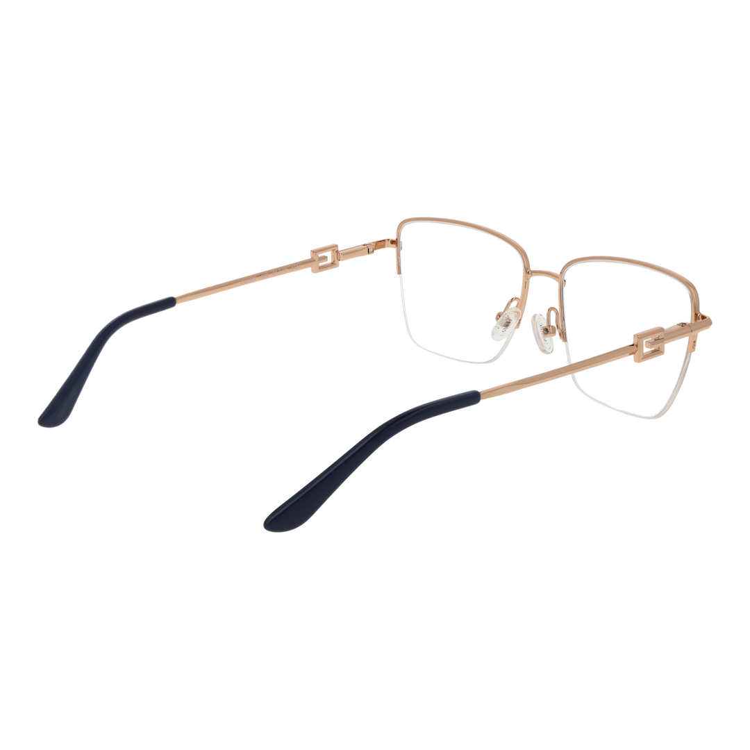 Unisex gold thin metal rectangular eyeglasses with clear lenses and decorative hinge, shown front angle on white background