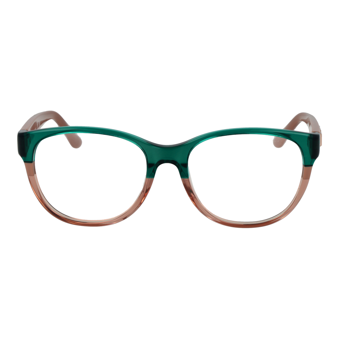 Green and brown two-tone cat-eye eyeglasses in plastic with metal logo on temples, front three-quarter view