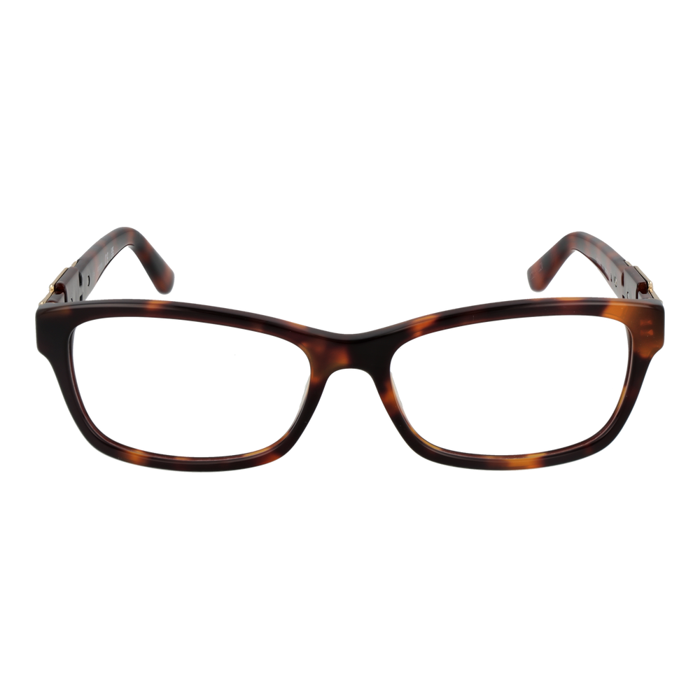 Tortoise brown rectangular full-rim eyeglasses in plastic with gold hinge detail, front three-quarter view