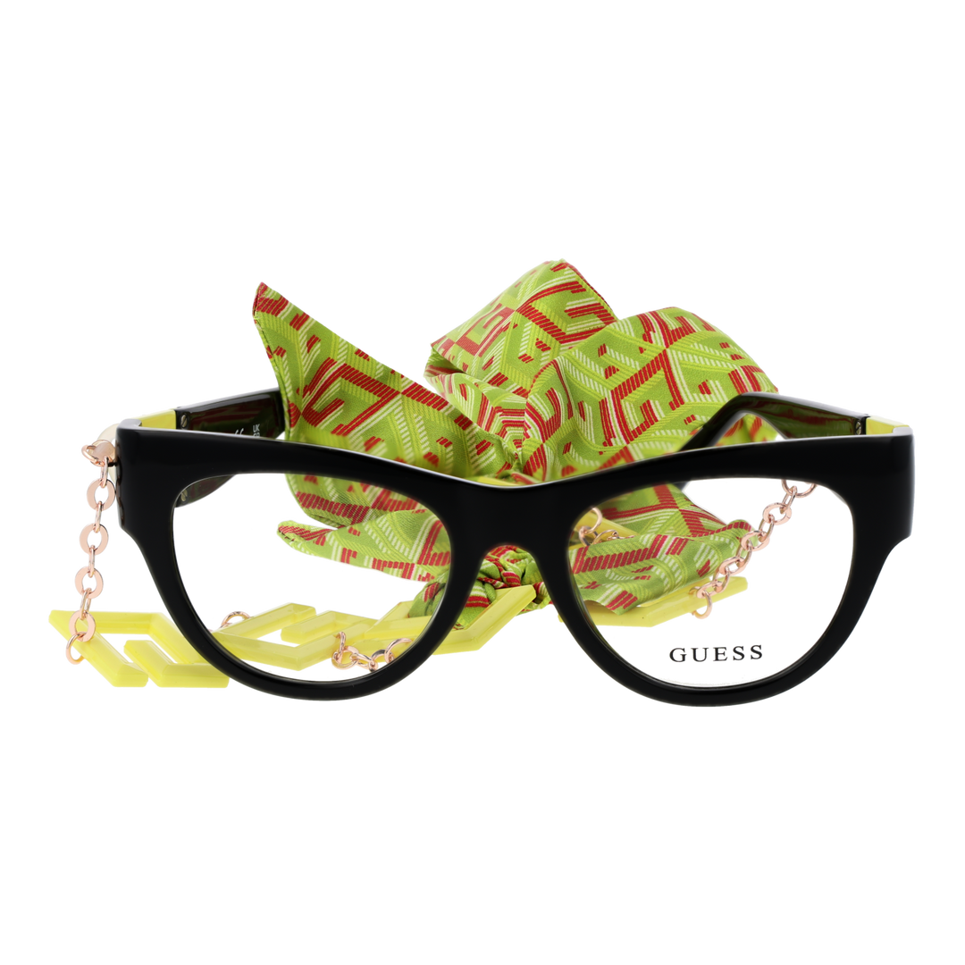 Black cat-eye eyeglasses with yellow, green, red patterned strap and attached metal chain for Women