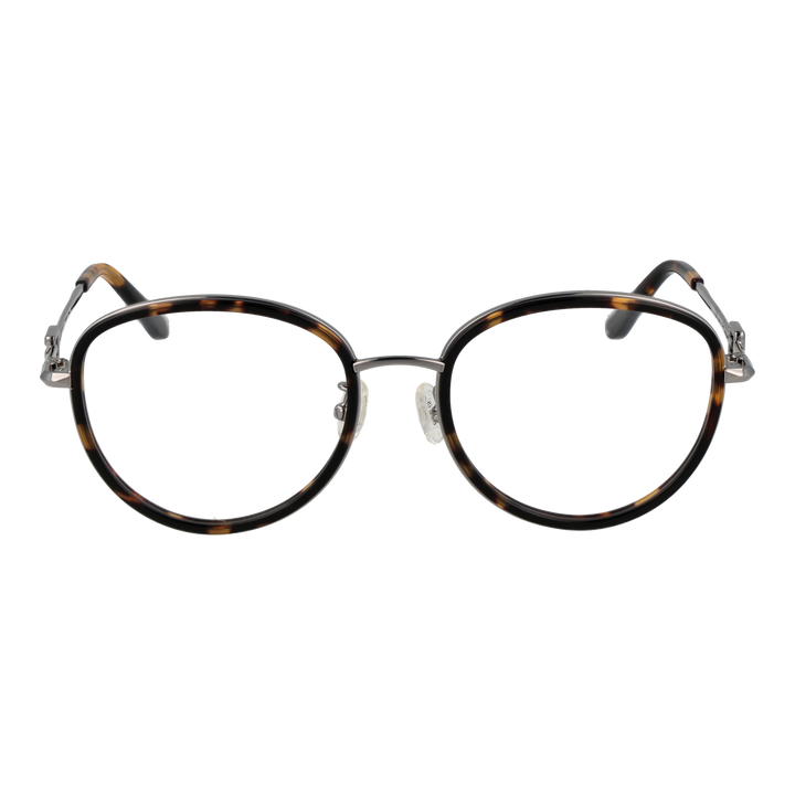 Unisex tortoise-shell round eyeglasses with silver metal temples and decorative temple logo, front three-quarter view