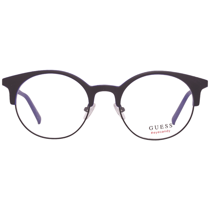 Unisex black and blue metal round eyeglasses with thin frame, adjustable nose pads and logo on temple, front three-quarter view