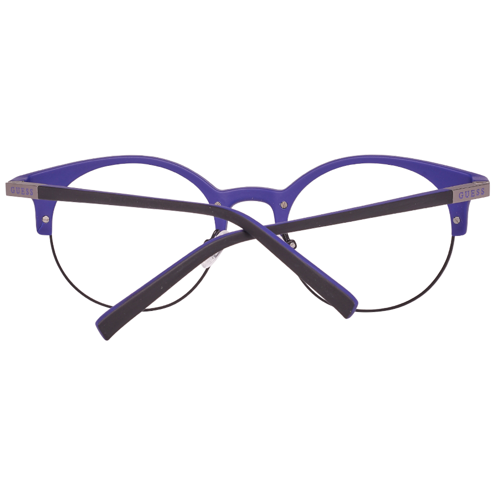 Unisex black and blue metal round eyeglasses with thin frame, adjustable nose pads and logo on temple, front three-quarter view