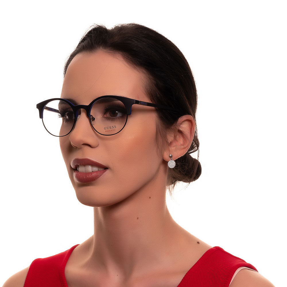 Unisex black and blue metal round eyeglasses with thin frame, adjustable nose pads and logo on temple, front three-quarter view