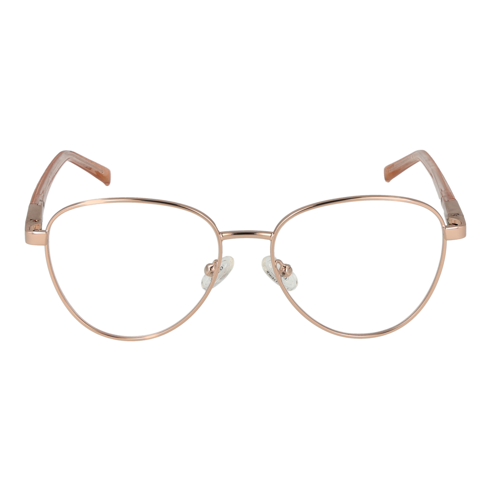 Rose gold round metal eyeglasses with thin rims and transparent temple tips on white background