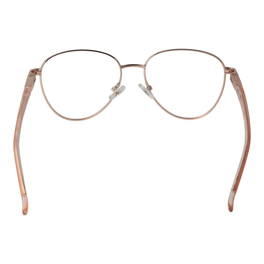Rose gold round metal eyeglasses with thin rims and transparent temple tips on white background