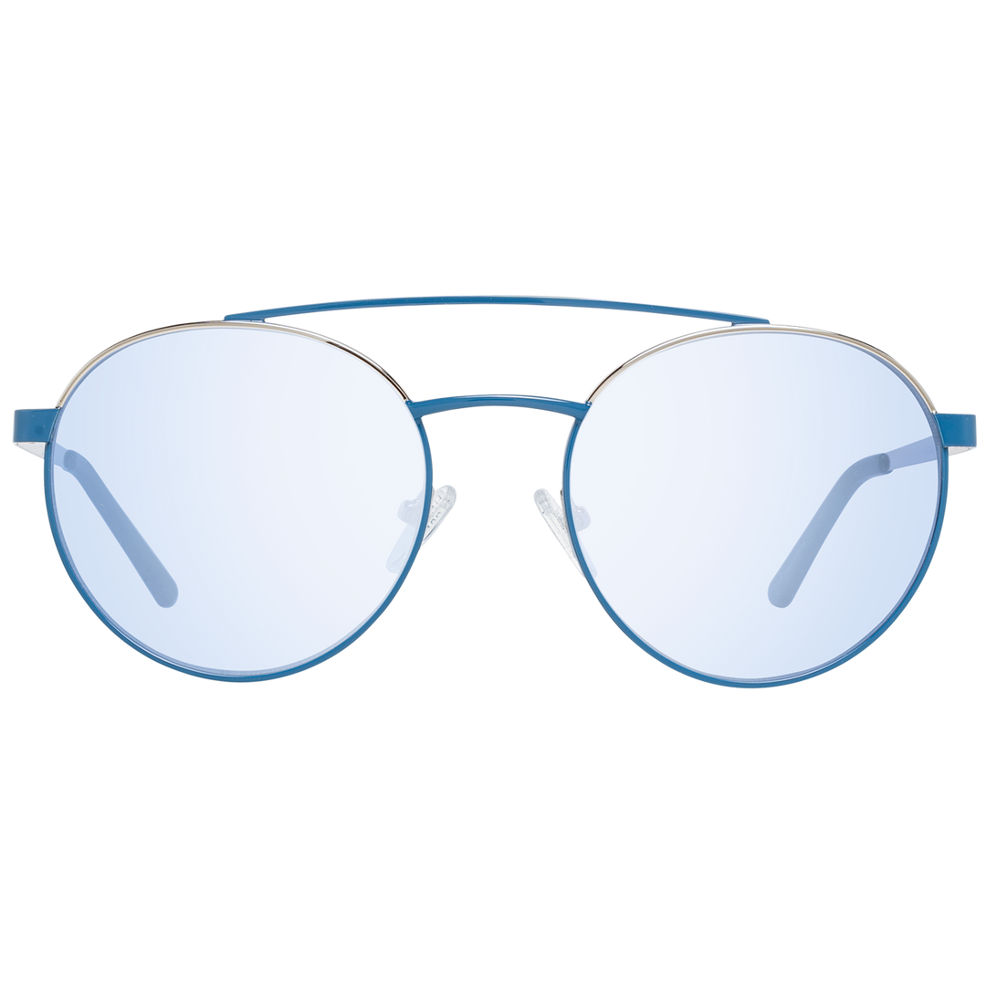 Unisex blue metal round eyeglasses with double bridge and adjustable nose pads against white background