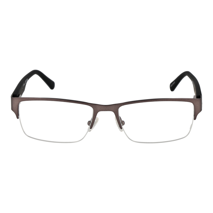 Brown and black half-rim eyeglasses, rectangular lenses, metal frame, adjustable nose pads, plastic temple tips