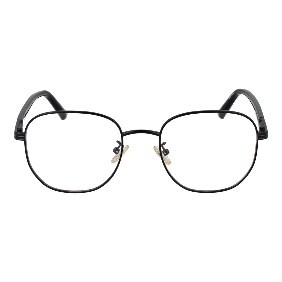 Black slim metal rectangular eyeglasses with thin temples and adjustable nose pads on neutral background