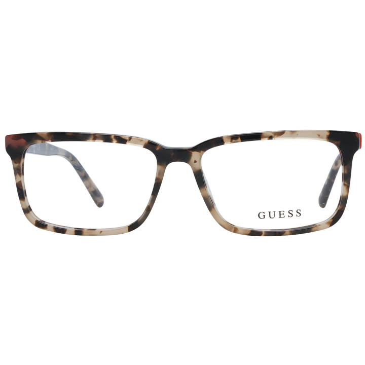 Unisex tortoiseshell rectangular eyeglasses in brown beige black with red temple accent and Guess &