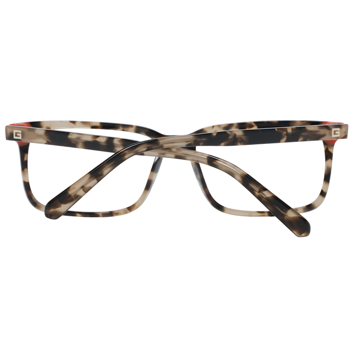 Unisex tortoiseshell rectangular eyeglasses in brown beige black with red temple accent and Guess &