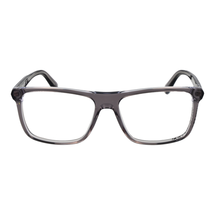 Unisex transparent gray plastic eyeglasses with rectangular lenses and modern full-rim frame on white