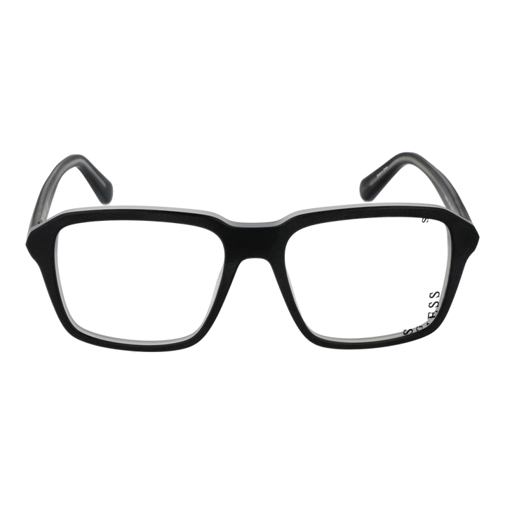 Black full-rim rectangular eyeglasses in plastic, modern Unisex frame shown three-quarter view on neutral background