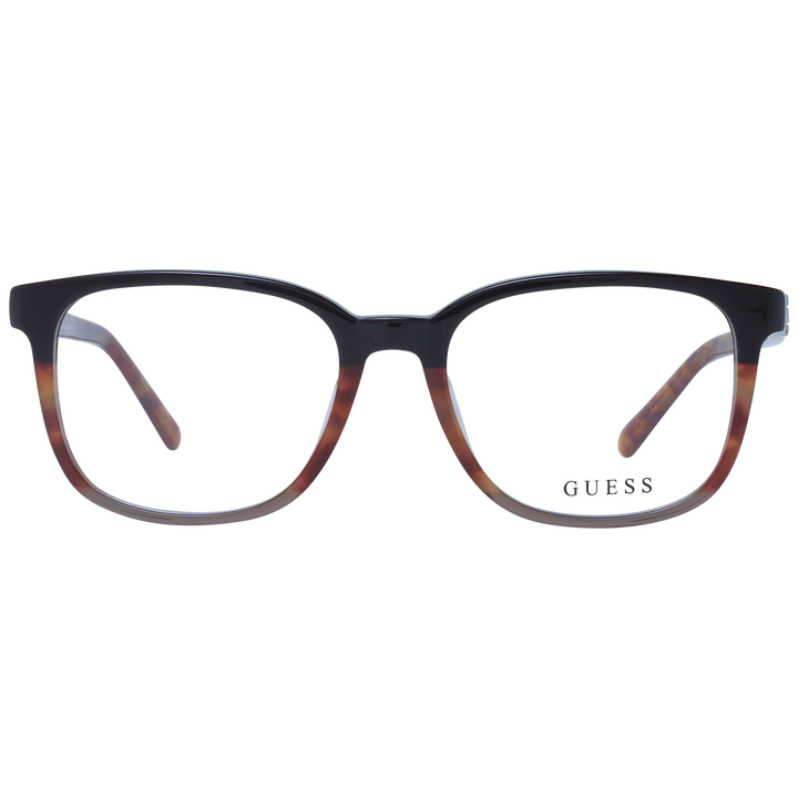 Unisex two-tone black and tortoiseshell rectangular eyeglasses in plastic with metal hinge detail on neutral background
