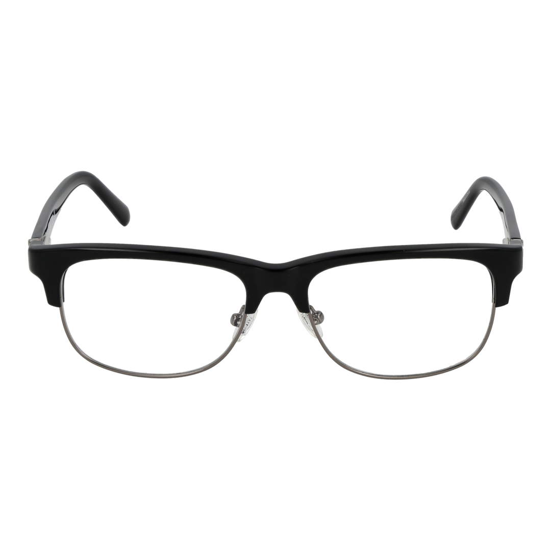 Black and silver semi-rimless eyeglasses with rectangular lenses, plastic upper frame and metal lower rim