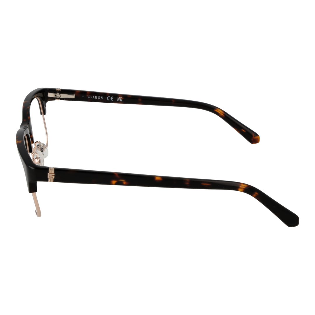 Unisex tortoise-pattern semi-rimless eyeglasses with gold metal temples and rectangular lenses on white background