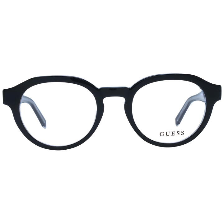 Unisex black round eyeglasses in plastic frame with clear inner edges and metal temple logo, front three-quarter view