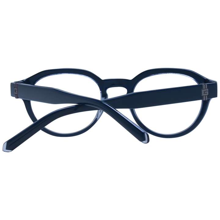 Unisex Guess black round plastic eyeglasses with clear lenses and logo-detail temples, front three-quarter view