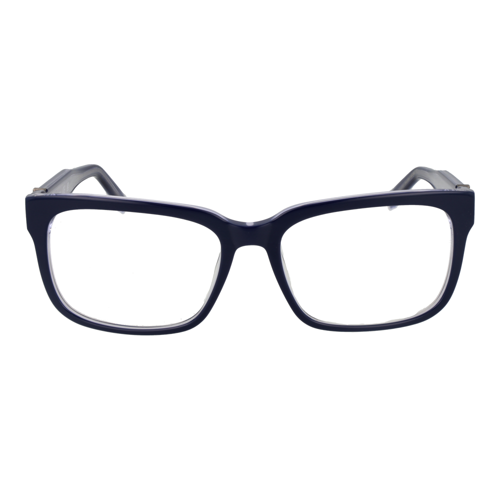 Dark blue full-rim rectangular eyeglasses in plastic with metal logo on temples, Unisex modern design
