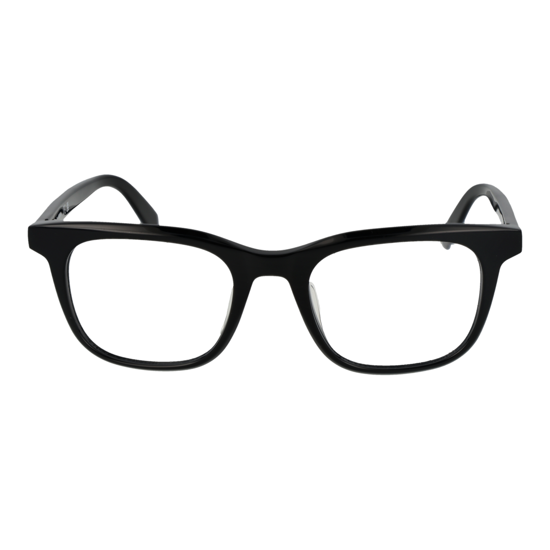 Unisex black full-rim rectangular eyeglasses in plastic with nose pads, front and angled view