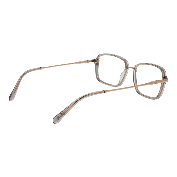 Transparent rectangular eyeglasses with clear front and thin gold metal temples on white background