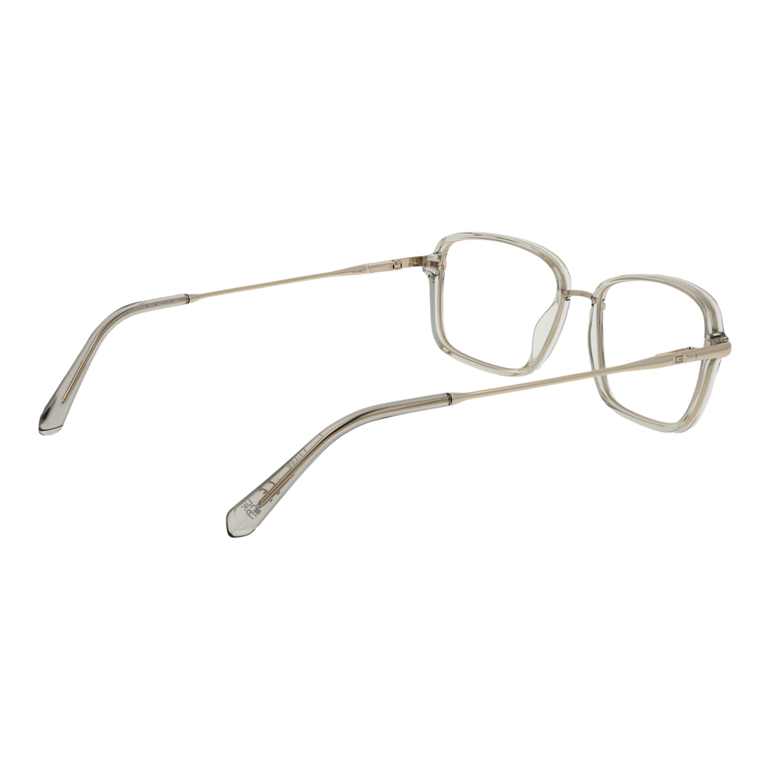 Unisex transparent beige rectangular eyeglasses with thin gold metal temples and plastic temple tips on white background