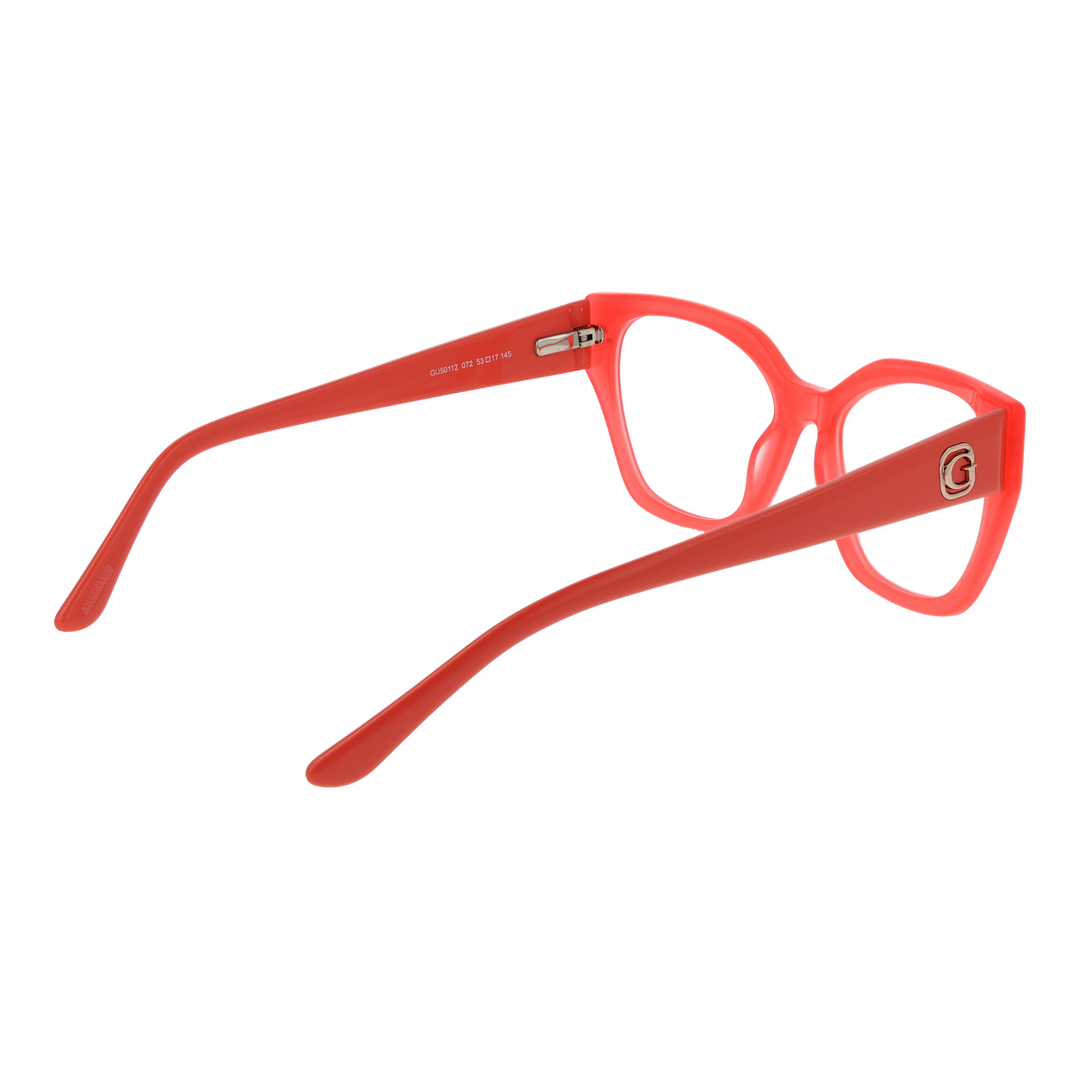Red thick plastic square eyeglasses for Women with logo detail on temple, modern design, clear lenses