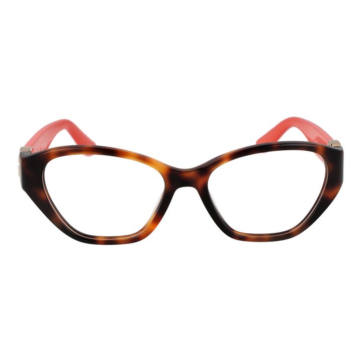 Tortoise shell brown and red cat-eye eyeglasses with gold emblem on temples, plastic frame for Women