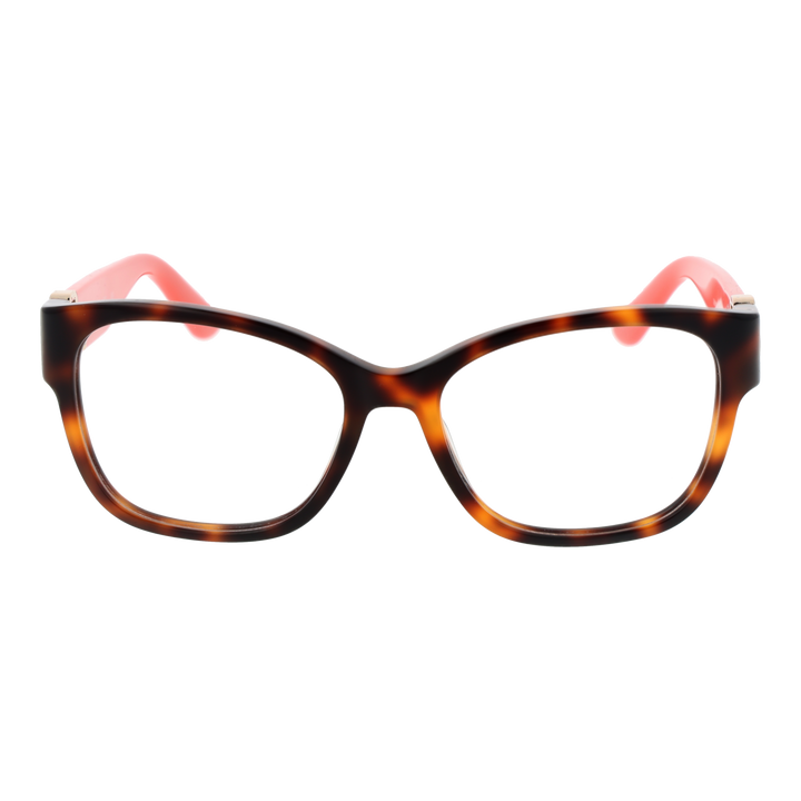 Tortoiseshell square eyeglasses in brown-orange with red arms and gold temple emblem on white background