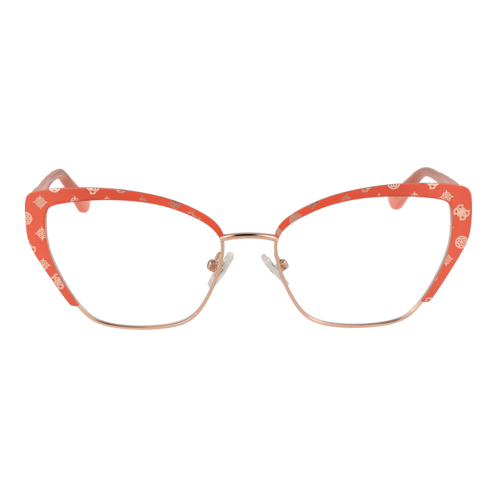 Orange and rose-gold patterned cat-eye eyeglasses in metal and plastic with adjustable nose pads