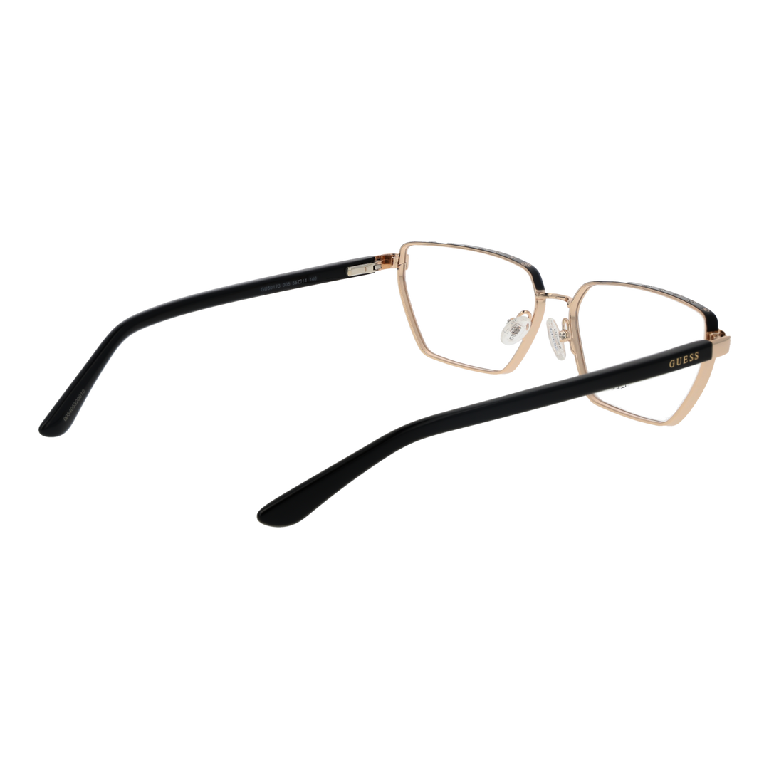 Gold metal and black rectangular eyeglasses for Women with decorative top-frame pattern and adjustable nose pads