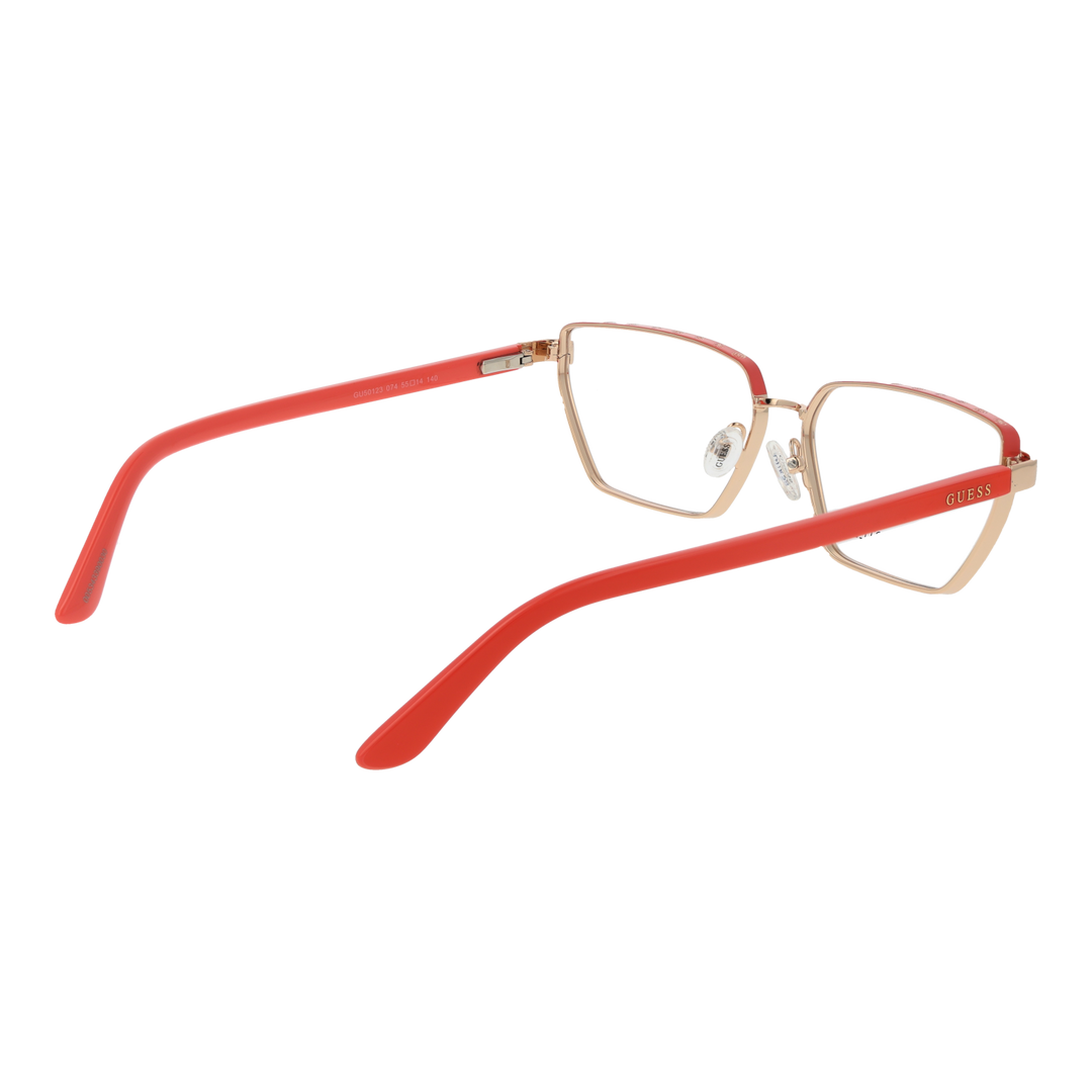 Gold metal rectangular eyeglasses for Women with plastic temple tips against white background
