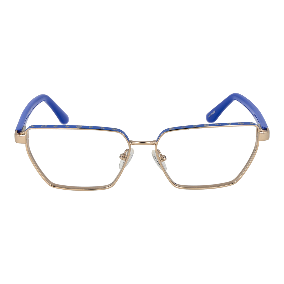 Blue-and-gold rectangular full-rim eyeglasses with adjustable nose pads and branded temples, front three-quarter view