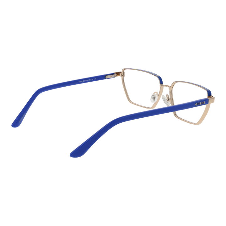 Blue-and-gold rectangular full-rim eyeglasses with adjustable nose pads and branded temples, front three-quarter view