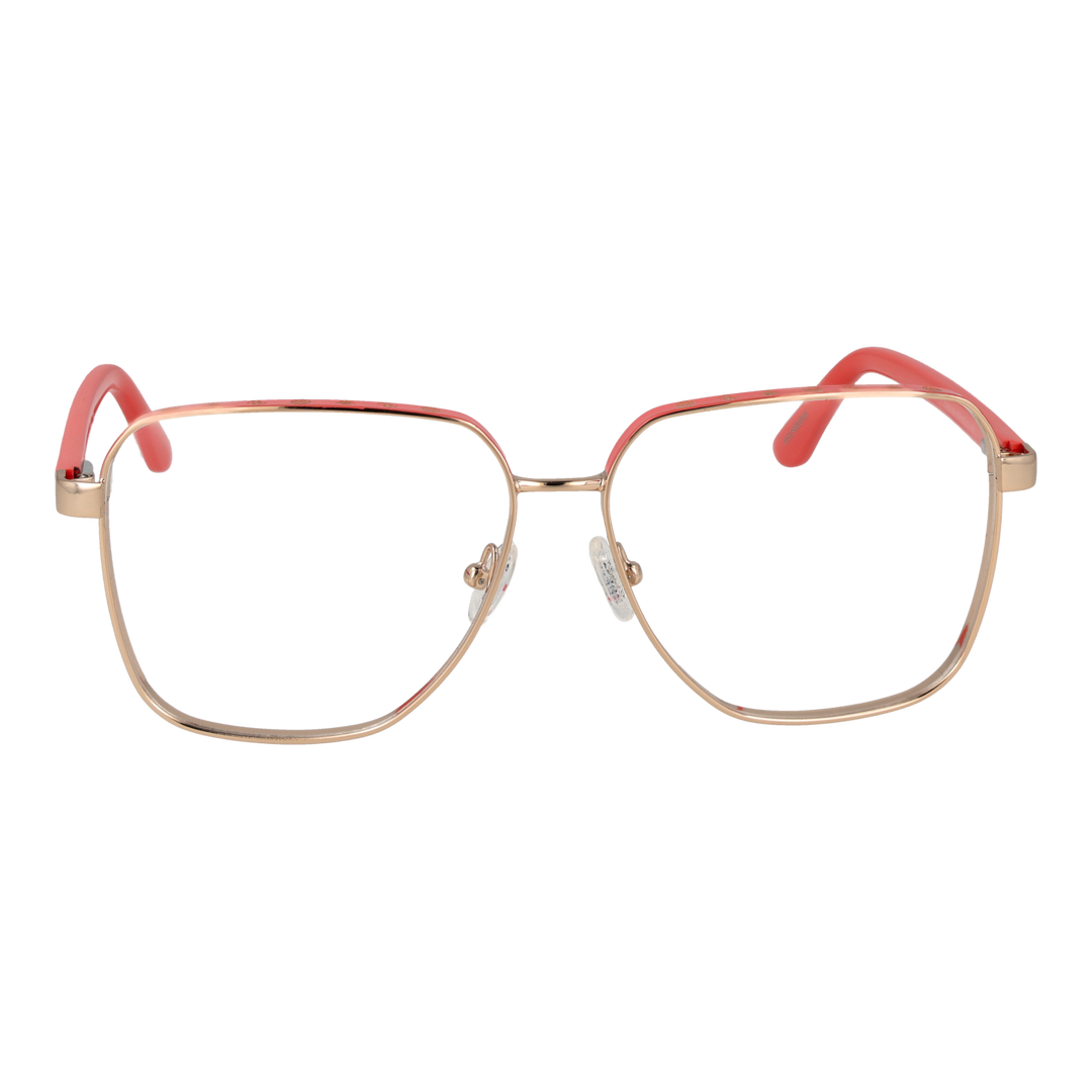 Gold thin metal square eyeglasses with adjustable nose pads on neutral background, modern design for Women