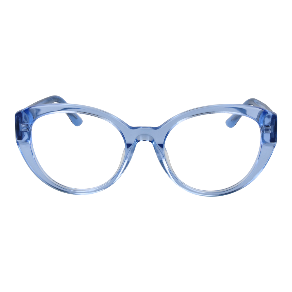 Light blue transparent round eyeglasses with patterned dark blue and white temples and gold G logo