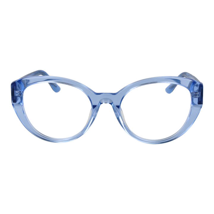Light blue transparent round eyeglasses with patterned dark blue and white temples and gold G logo
